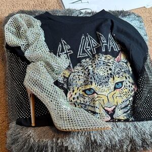 Def Lepard Black Graphic Tee and Silver Mesh Stiletto Boots